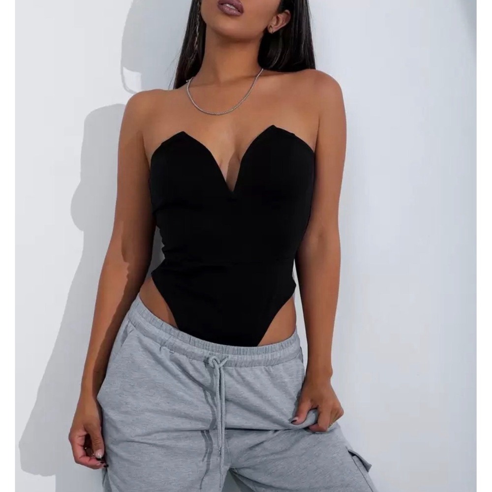 Black Strapless V-Neck Bodysuit High Cut One Piece Top Small